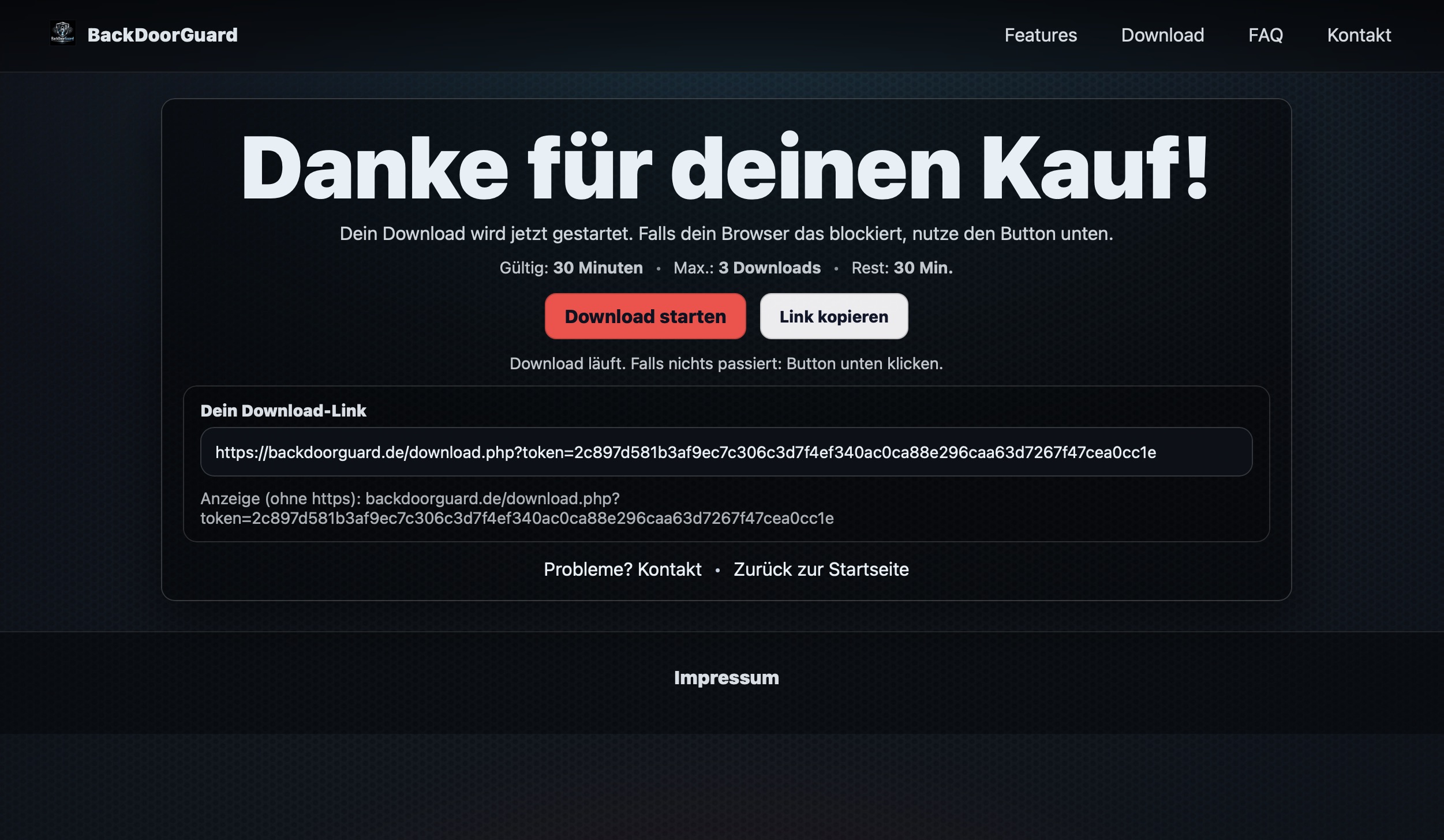 Download-Link nach erfolgreicher Zahlung